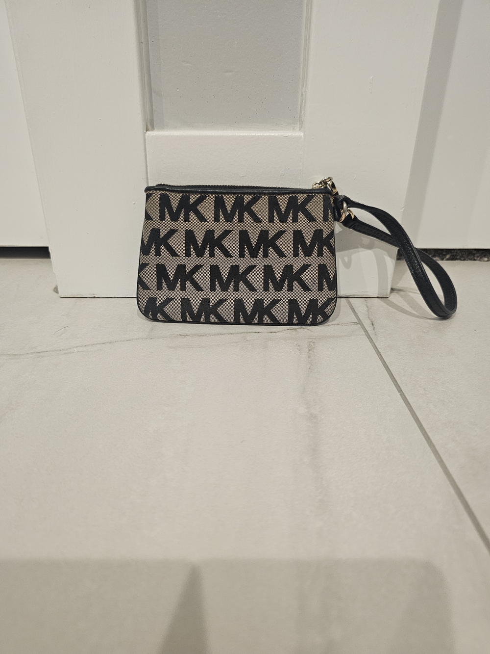 MICHAEL Michael Kors Beige and Black MK Logo Wristlet Pouch